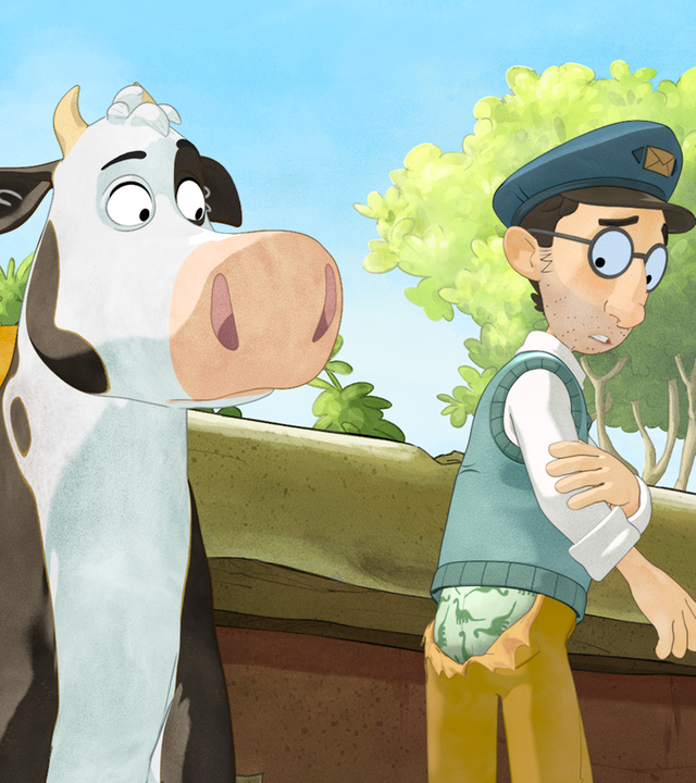 Der Postbote betrachtet unglücklich seine gerissene Hose. Man sieht seine Dino-Unterhose. Nebendran steht Lieselotte.