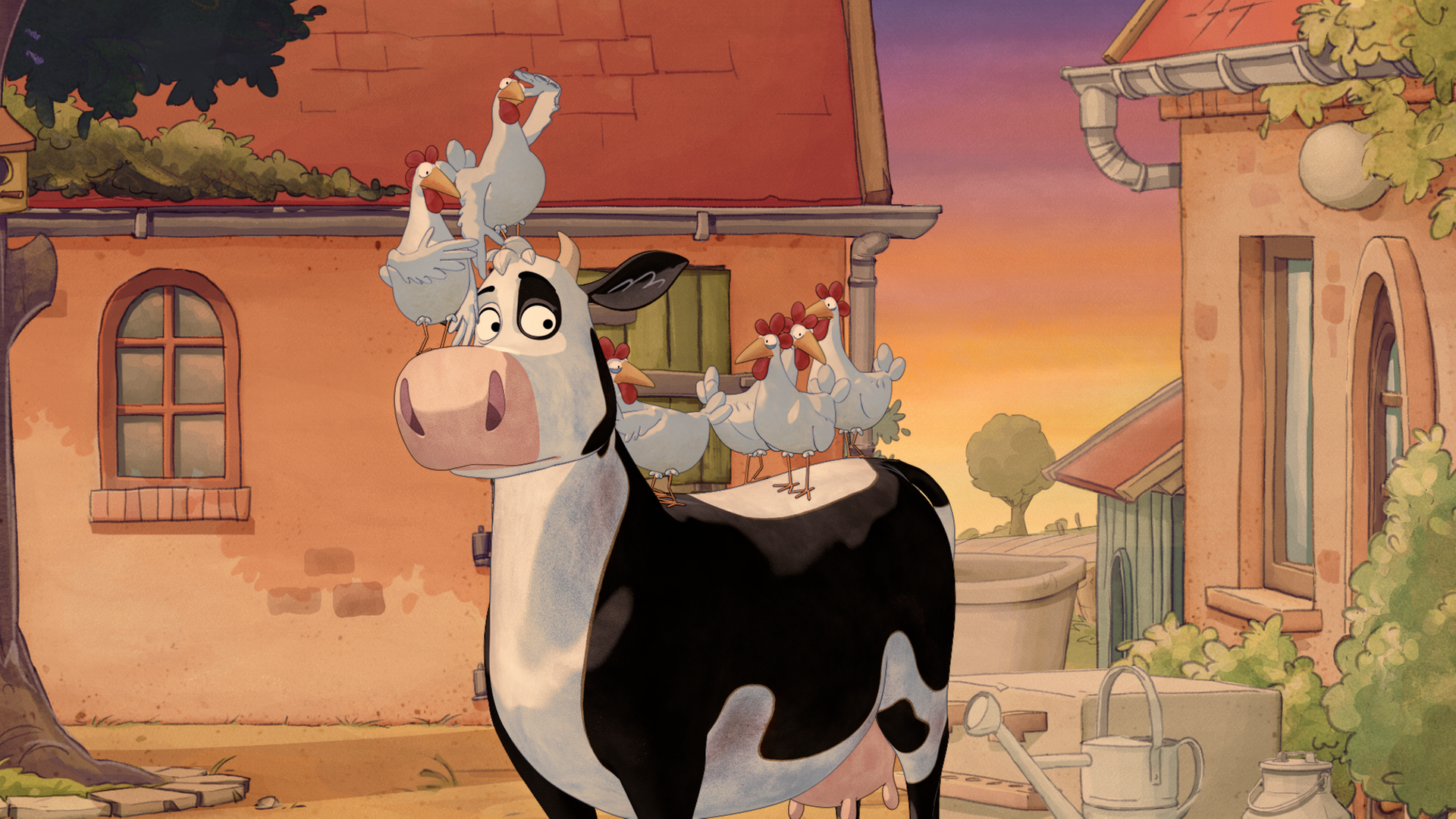 Die Hühner stehen alle auf Lieselotte drauf. Sie guckt verdutzt.