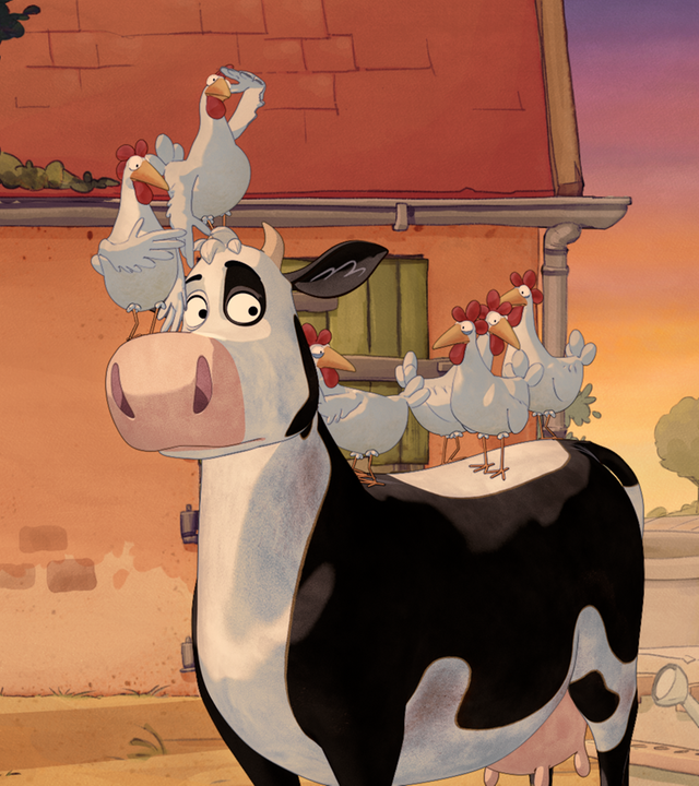 Die Hühner stehen alle auf Lieselotte drauf. Sie guckt verdutzt.