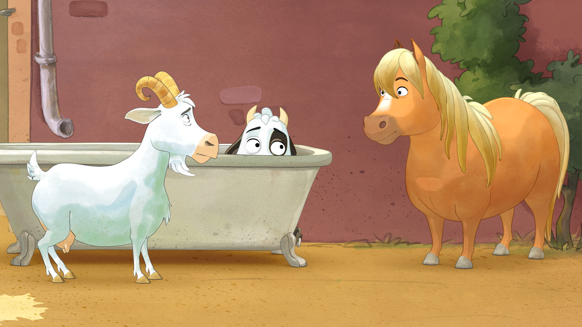 Lieselotte versteckt sich in der Badewanne. Die Ziege und das Pferd stehen neben ihr.
