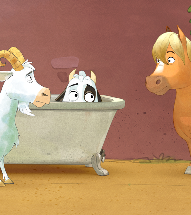 Lieselotte versteckt sich in der Badewanne. Die Ziege und das Pferd stehen neben ihr.