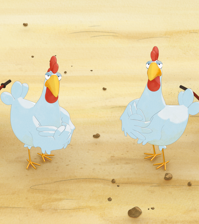 Zwei Hühner stehen neben zwei kleinen Schubkarren. Die rechte Schubkarre ist mit Äpfeln gefüllt. 