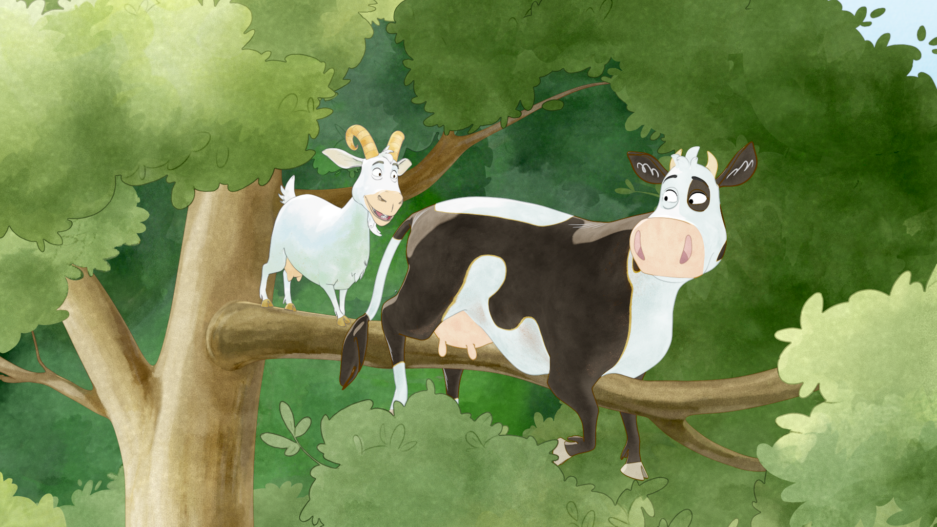 Lieselotte sitzt auf einem Ast im Baum fest. Hinter ihr auf dem Ast steht ein Ziegenbock.