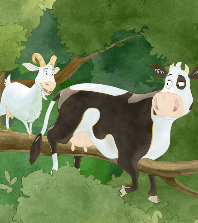 Lieselotte sitzt auf einem Ast im Baum fest. Hinter ihr auf dem Ast steht ein Ziegenbock.