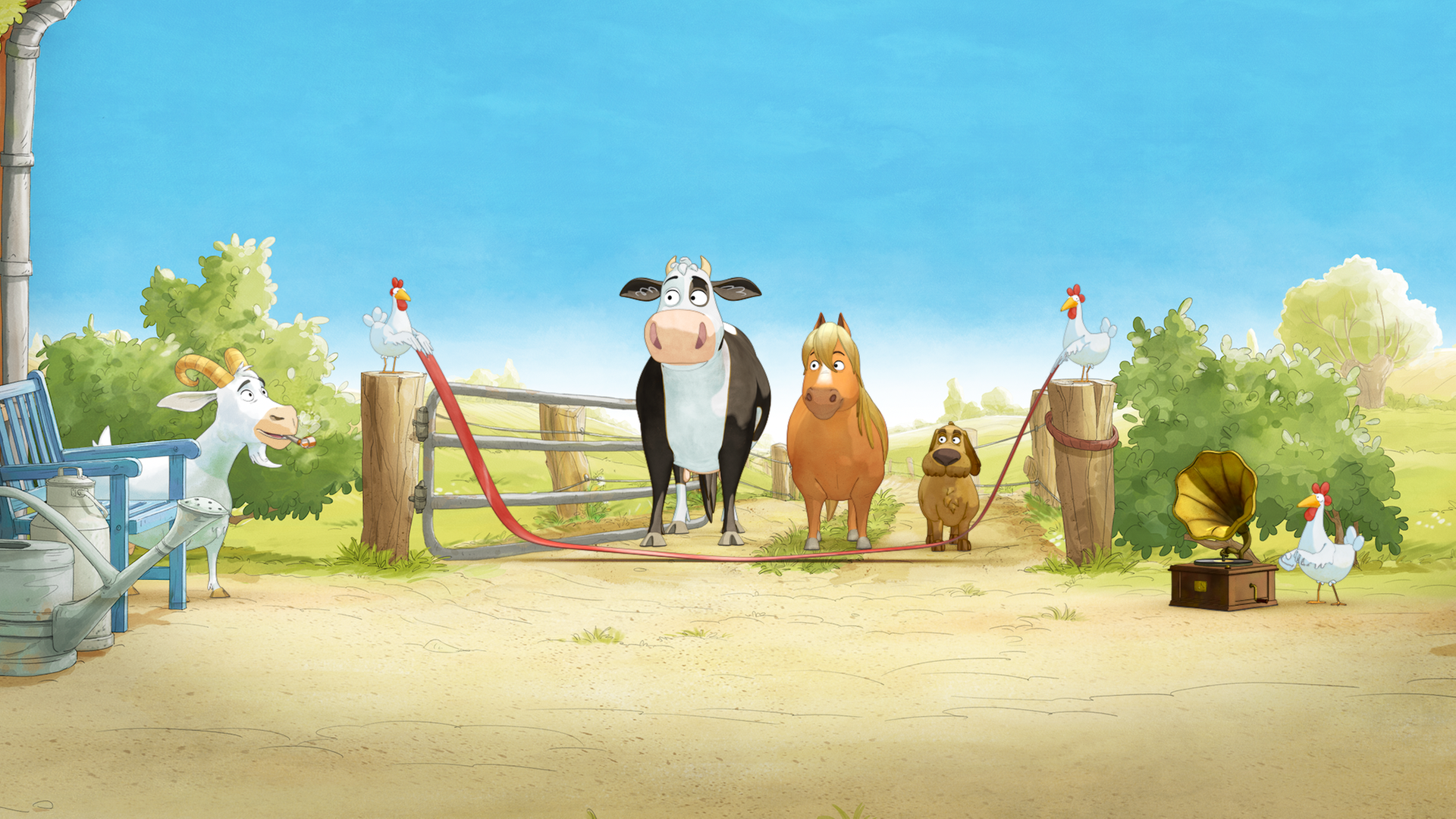 Lieselotte, das Pferd und der Hund stehen an der Startlinie. Links und rechts daneben stehen Hühner, sowie eine Ziege.