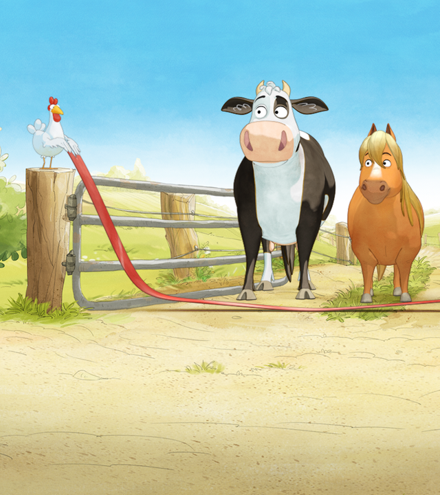 Lieselotte, das Pferd und der Hund stehen an der Startlinie. Links und rechts daneben stehen Hühner, sowie eine Ziege.