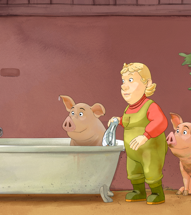 Das Schwein sitzt in der Badewanne. Rechts neben der Wanne stehen die Bäuerin mit einem Lappen und die anderen Bauernhoftiere.