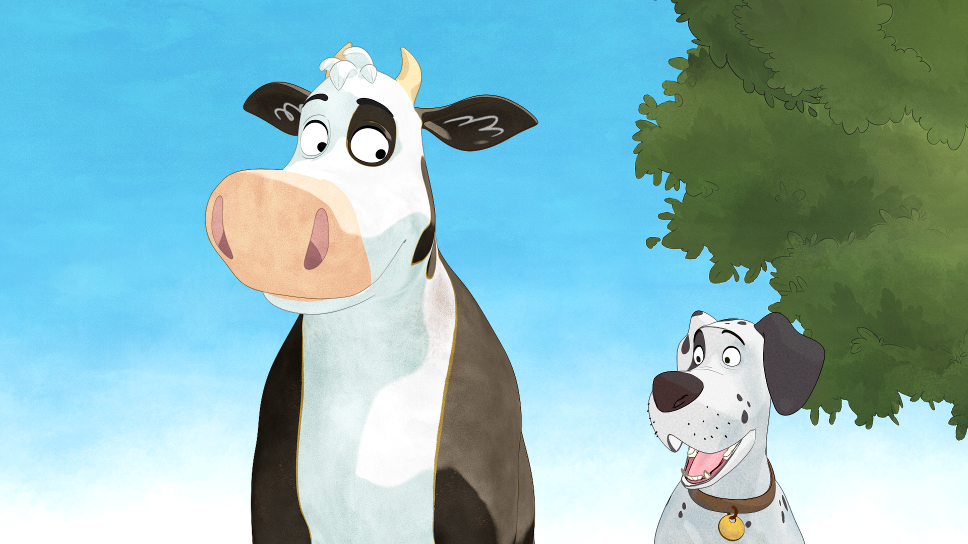 Lieselotte schaut auf den Dalmatiner herab, der freudig guckt.