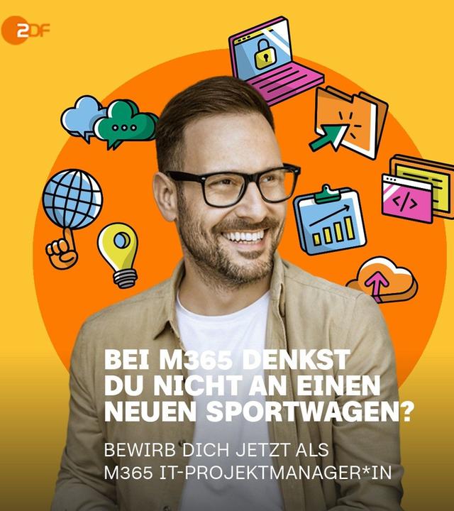 ZDF-Bild für LinkedIn-Post Stellenausschreibung: lachender junger Mann von Icons umgeben, darunter Schriftzug: "Bei M635 denkst du nicht an einen neuen Sportwagen? Bewirb dich jetzt als M635 IT-Projektmanager*in"
