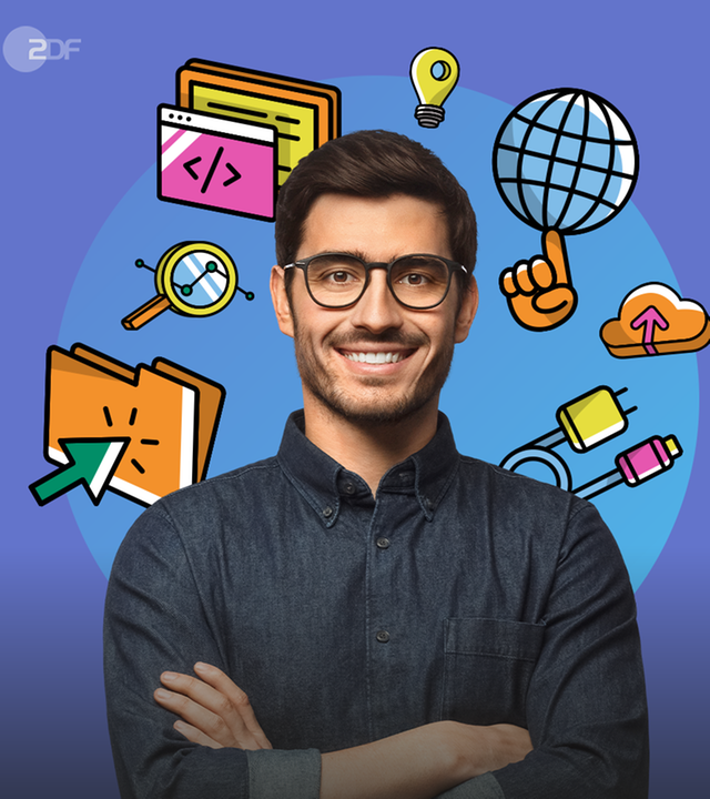 Ein lächelnder Mann mit dunklen Haaren und Brille steht mit verschränkten Armen vor einem blau-violetten Hintergrund. Um ihn herum sind farbige Illustrationen zu Digitalisierung und IT angeordnet, darunter ein Globus, Programmierfenster, Ordner, Kabel und eine Glühbirne