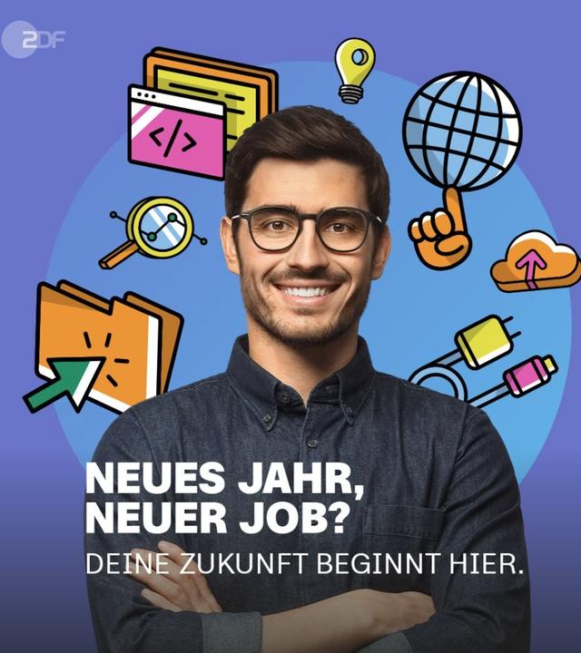 Lächelnder junger Mann mit Brille vor um ihn schwirrenden Icons. Darunter der Schriftzug: "Neues Jahr, neuer Job? Deine Zukunft beginnt hier"