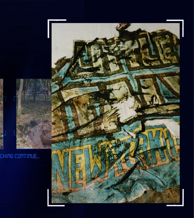 Ein mit Erde beschmutztes fragmentarisch zerstörtes T-Shirt in türkis. Die Aufschrift "Little Italy New York" ist schemenhaft zu erkennen.Deutliche Vegetationsspuren und Löcher im Kleidungsstück. Links daneben: Lichtschematische Darstellung eines Fingerabdrucks.