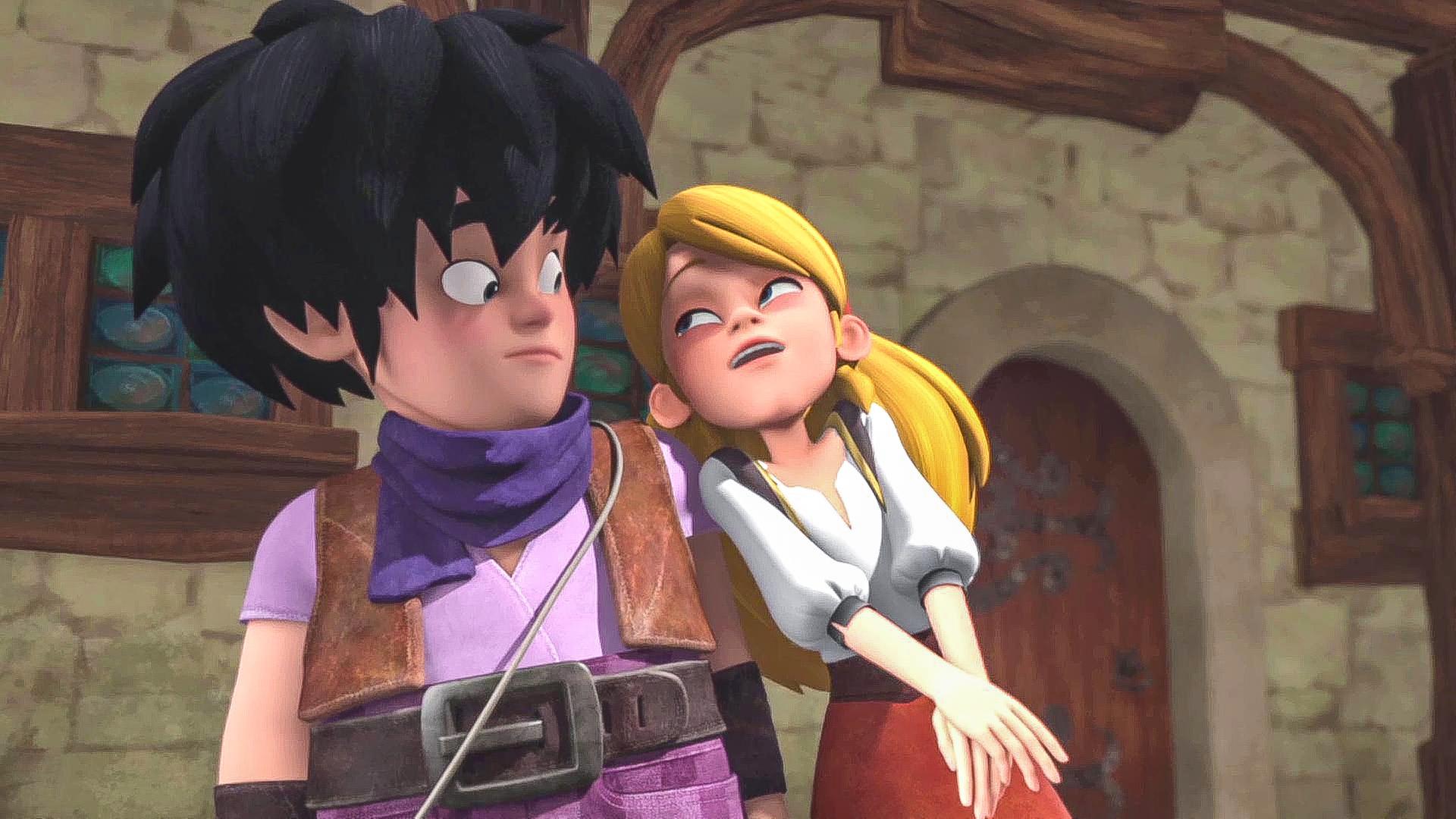 Die Käseverkäuferin kuschelt sich an Little John an. Er wirkt überrascht.