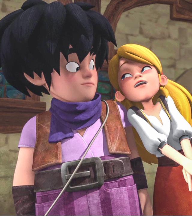 Die Käseverkäuferin kuschelt sich an Little John an. Er wirkt überrascht.