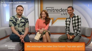 Wettermoderator Benjamin Stöwe neben Moderatorin Mirjam Meinhardt und Sportmoderator Florian Zschiedrich sitzend auf der Couch im ZDF-Mittagsmagazin. Eingeblendet das Umfrageergebnis von ZDF mitreden zur Frage, we verbringen sie lieber ihre Freizeit - faul oder aktiv?