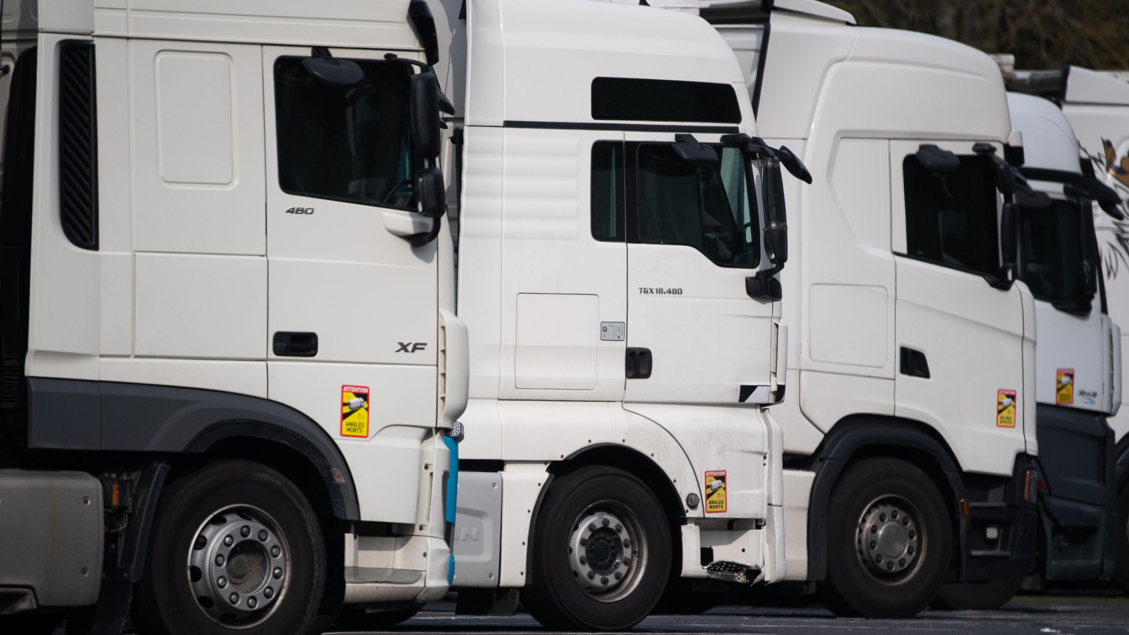Lastwagen stehen auf einer Rastanlage an der Autobahn 3.