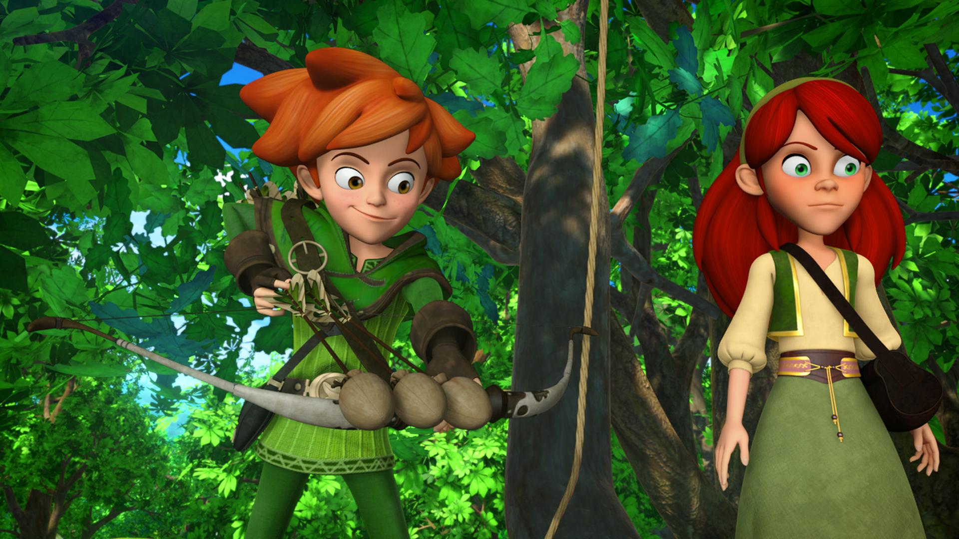 Robin mit Gwendolyn stehen vor einem Baum. Robin hat den Bogen gespannt.