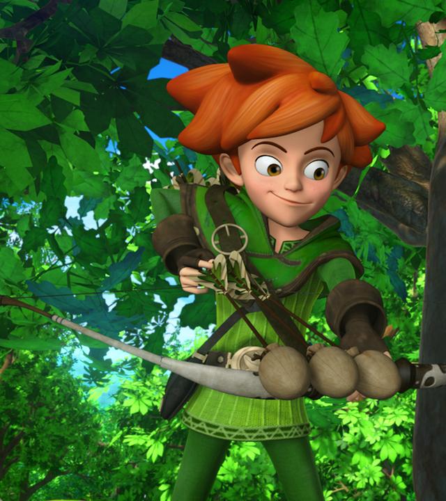 Robin mit Gwendolyn stehen vor einem Baum. Robin hat den Bogen gespannt.