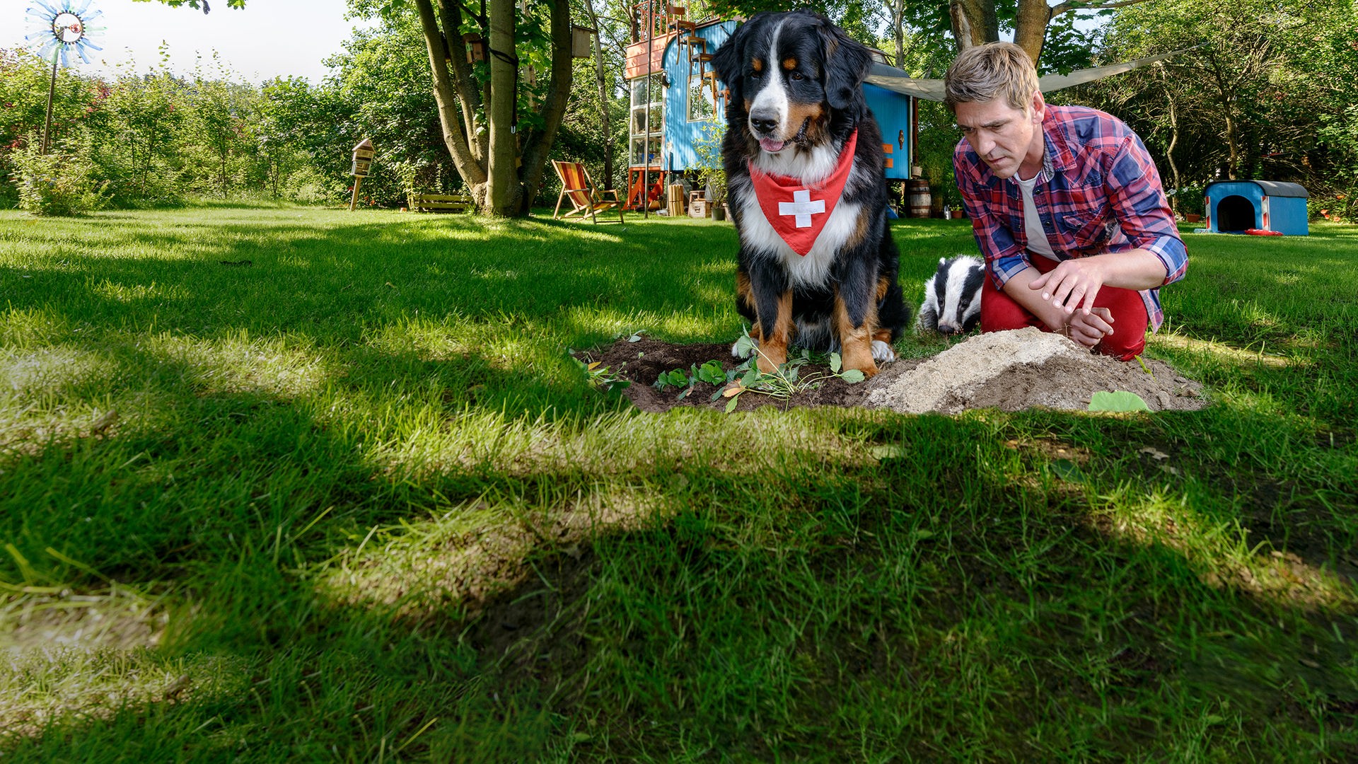 Fritz Fuchs hockt mit Keks auf dem Rasen vor einem Dachsbau. Der Dachs sitzt zwischen den Beiden.