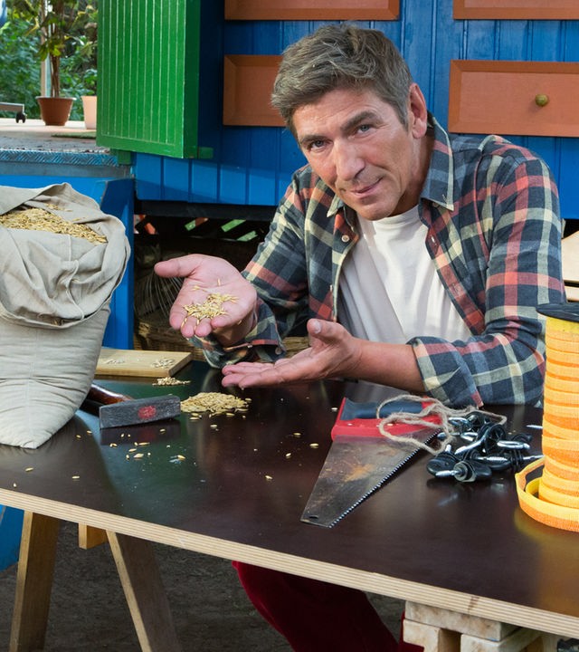 Fritz sitzt an einem Tisch vor dem Bauwagen und hält Haferkörner in seinen Händen.