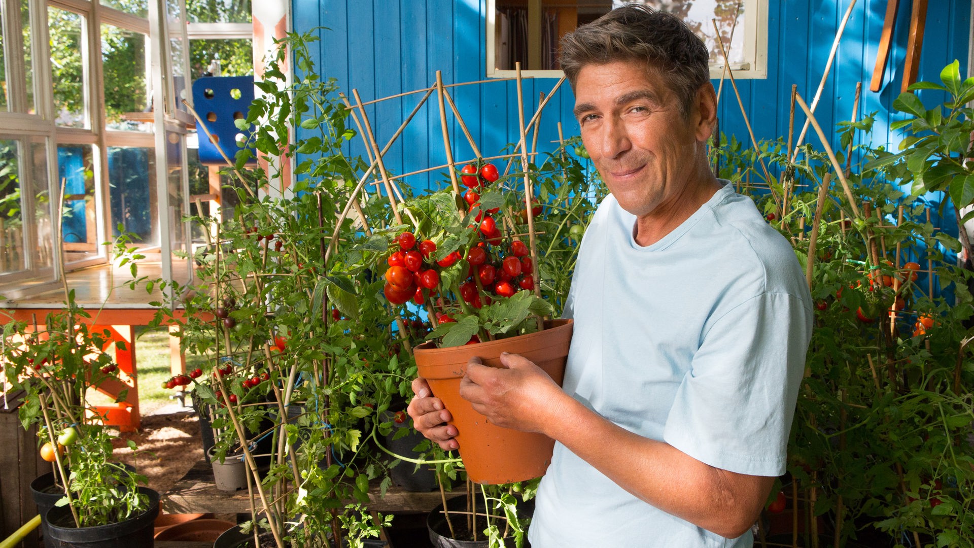 Fritz steht mit einer Tomatenpflanze in der Hand vor dem Bauwagen