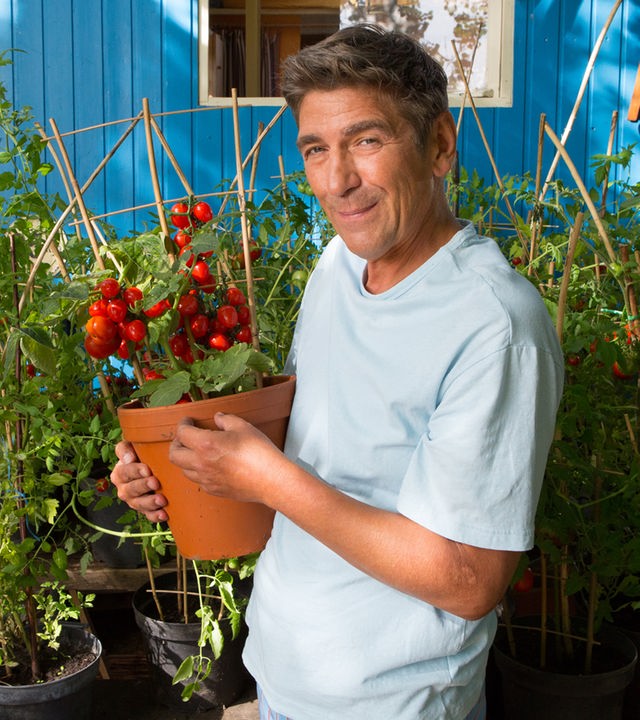 Fritz steht mit einer Tomatenpflanze in der Hand vor dem Bauwagen