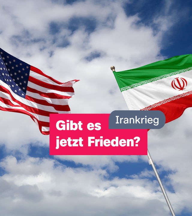 Flagge der USA neben iranischer Flagge, Schrift: "Gibt es jetzt Frieden?"