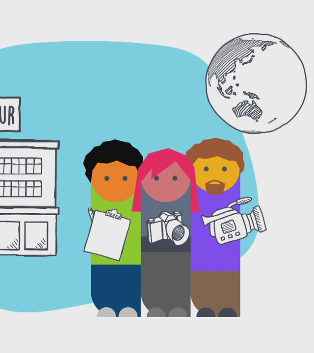 Neben einem Haus auf dem das Wort Nachrichtenagentur steht stehen drei gezeichnete Menschen die Kameras und einen Block in der Hand halten hinter ihnen ist eine Weltkugel