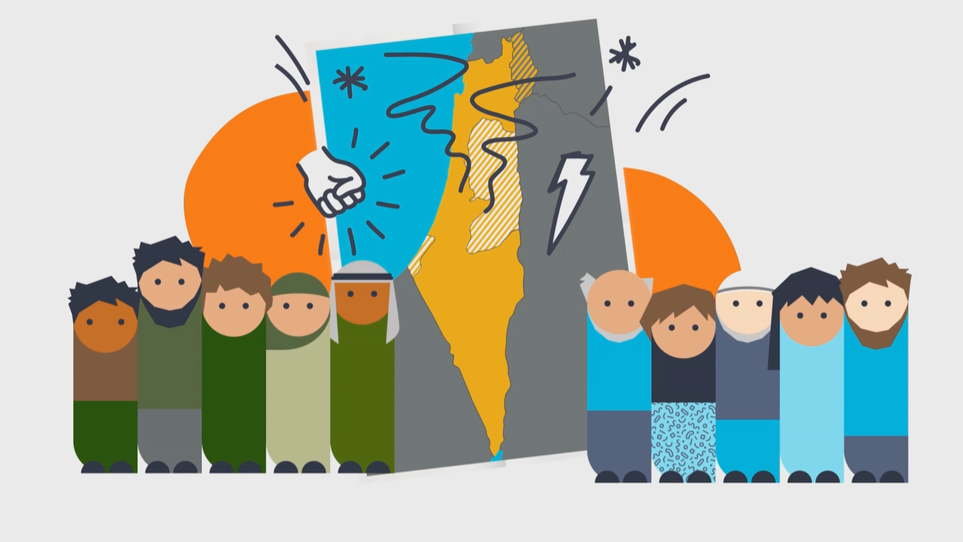 Eine Landkarte, neben der zwei Menschengruppen stehen