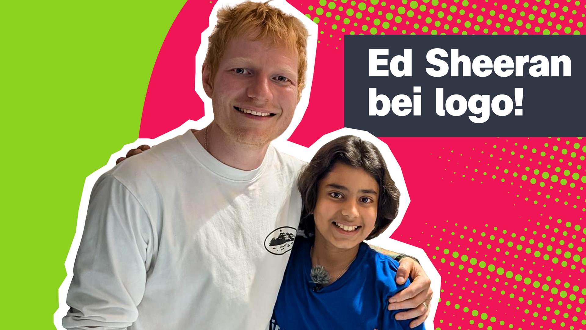 Sänger Ed Sheeran hält logo!-Kinderreporterin Vivaan im Arm, beide lächeln in die Kamera. Rechts der Text: "Ed Sheeran bei logo!"