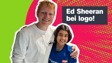 Sänger Ed Sheeran hält logo!-Kinderreporterin Vivaan im Arm, beide lächeln in die Kamera. Rechts der Text: "Ed Sheeran bei logo!"