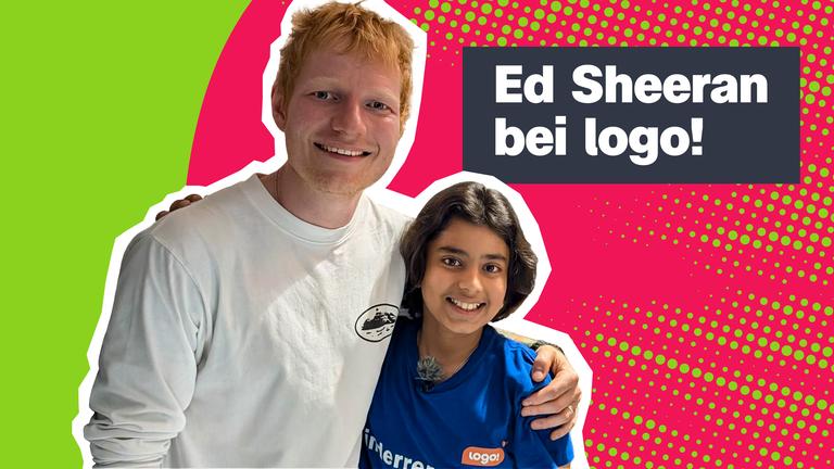 Sänger Ed Sheeran hält logo!-Kinderreporterin Vivaan im Arm, beide lächeln in die Kamera. Rechts der Text: "Ed Sheeran bei logo!"