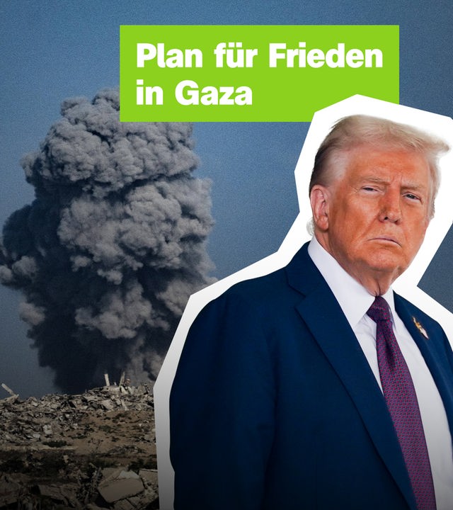 Collage: Rechts ist US-Präsident Trump zu sehen, vor einer vom Krieg zerstörten Trümmerlandschaft, von der eine graue Wolke aufsteigt. Links der Text: "Plan für Frieden in Gaza?"
