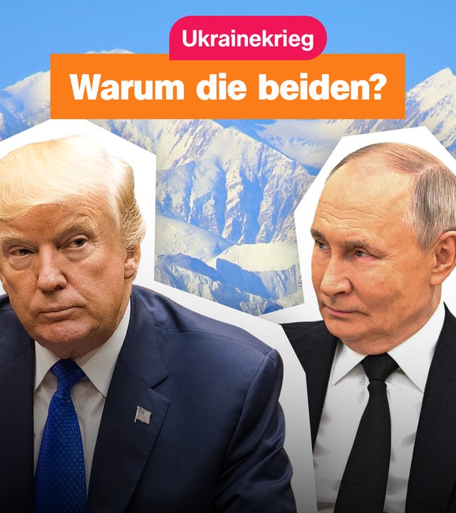 Trump und Putin im Portrait vor den Bergen Alaskas. Dazwischen der Text: "Ukrainekrieg. Warum die beiden?"