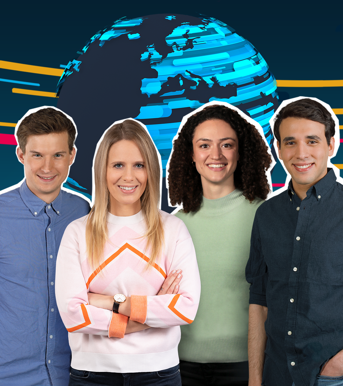 Die logo!-Moderatoren und Moderatorinnen vor der logo!-Weltkugel