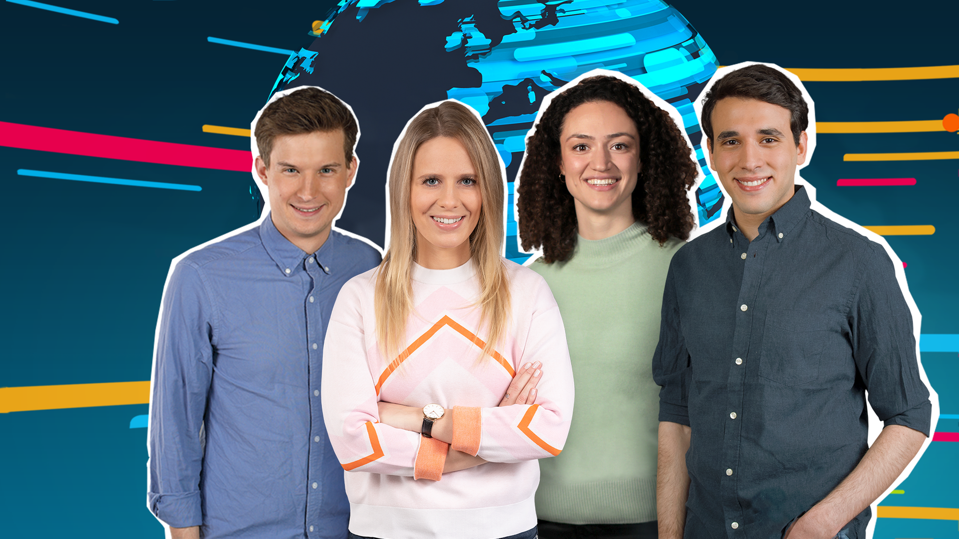 Die logo!-Moderatoren und Moderatorinnen vor der logo!-Weltkugel