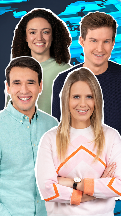 Die logo!-Moderatoren Linda, Maral, Sherif und Tim