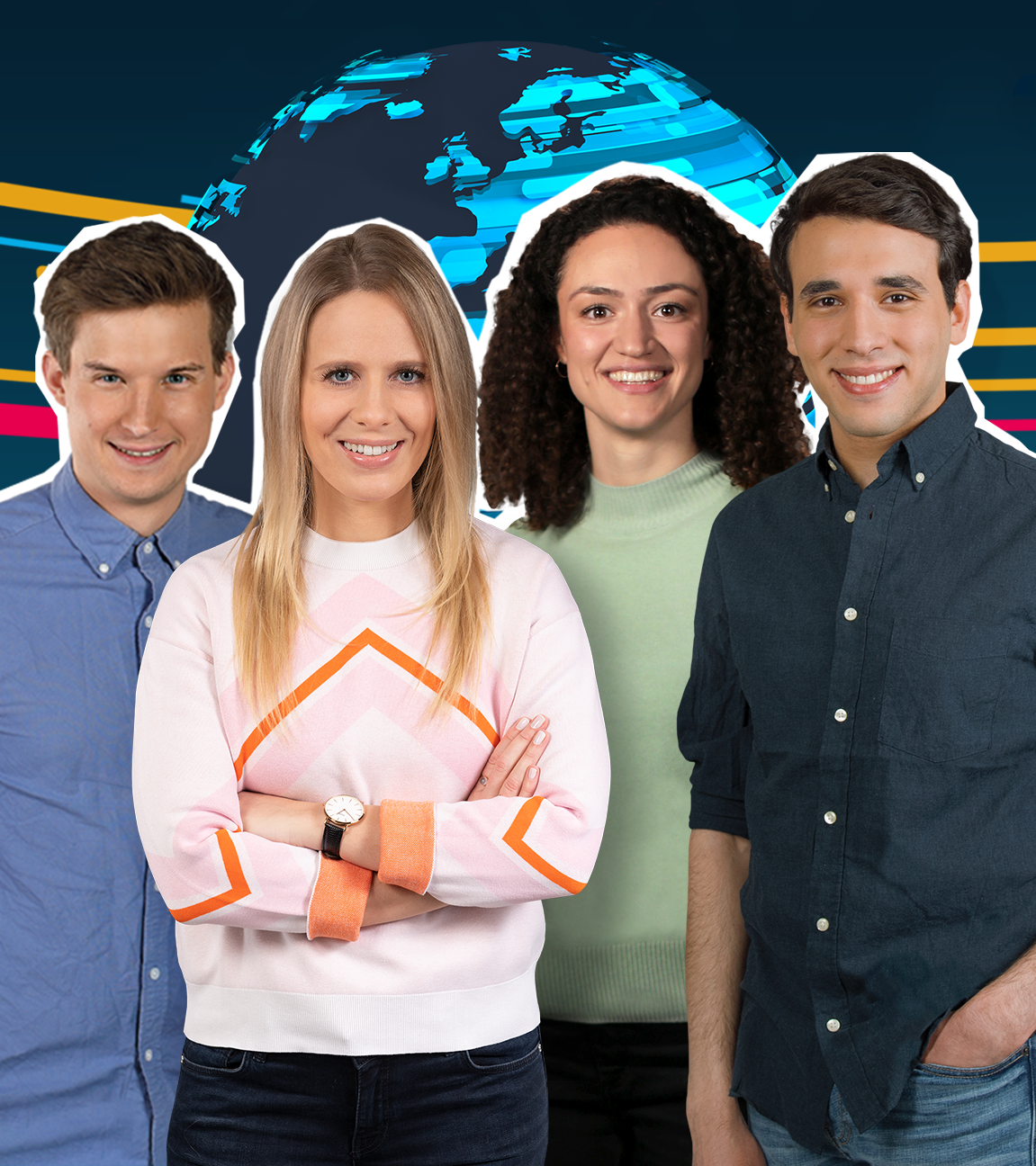 Die logo!-Moderatoren Linda, Maral, Sherif und Tim