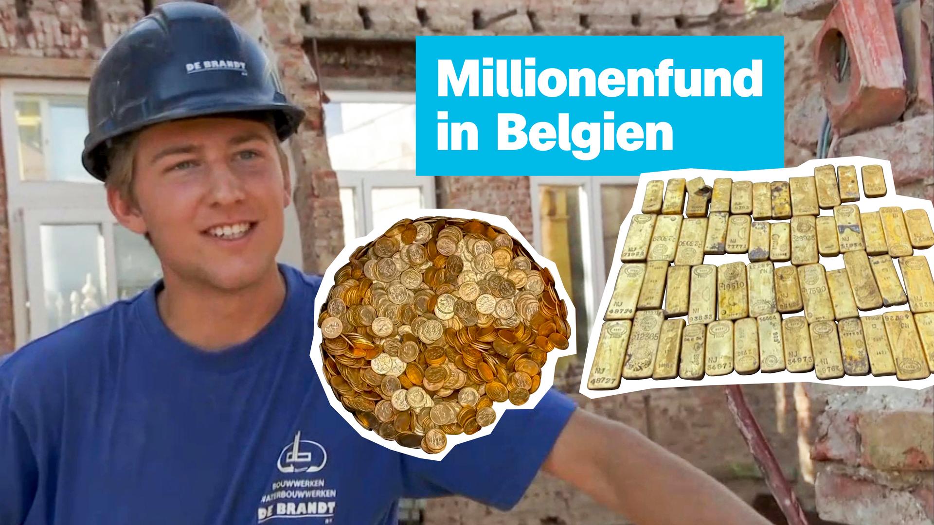 Ein junger Mann mit Arbeitshelm und Goldmünzen sowie Goldbarren