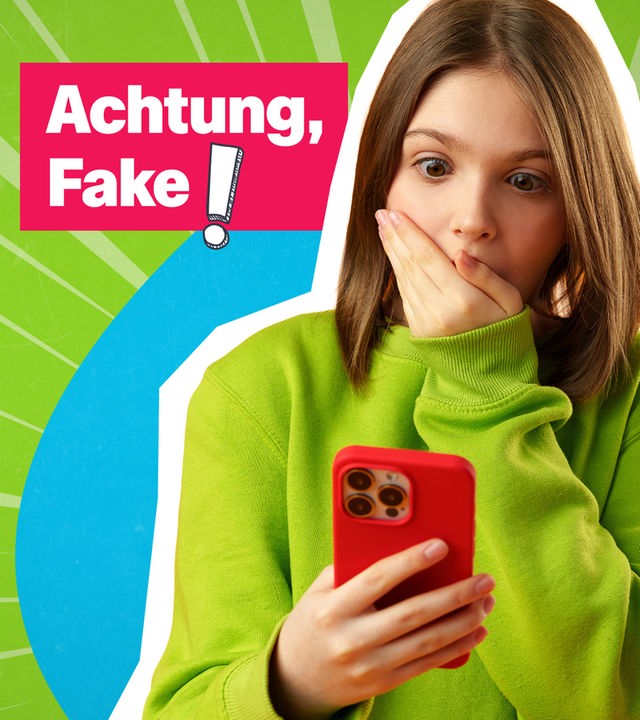 Collage: Cutout Mädchen vor grun-blauem Hintergrund hält sich hand vor Gesicht und schaut auf Handy, daneben Textfeld "Achtung, Fake!"