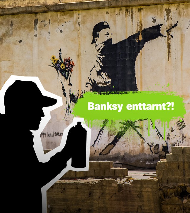 Grafik: Banksy Silhouette mit Sprachdose dahinter Kunstwerk Banksy und darauf Schrift "Bankys enttarnt?!"