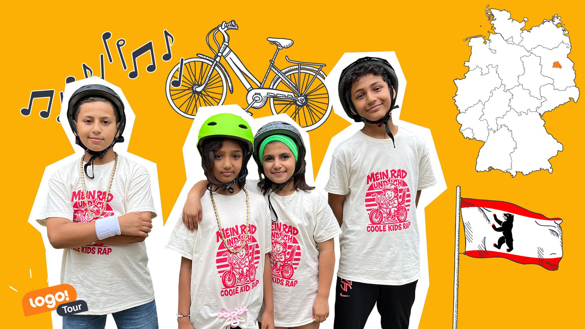 Vier Kinder mit Fahrradhelmen und dem T-Shirt mit der Aufschrift "Mein Rad - Coole Kids Rap" stehen neben einer Deutschlandkarte und der Berliner Flagge.