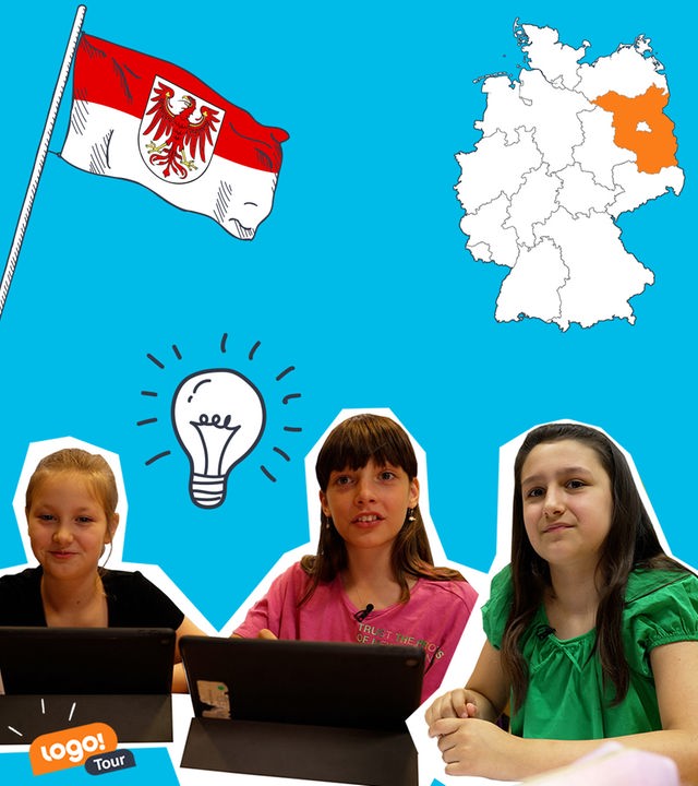 Drei Mädchen sitzen vor ihren Laptops, neben einer Deutschlandkarte und der Flagge vom Bundesland Brandenburg. Über ihnen blinkt eine Glühbirne.