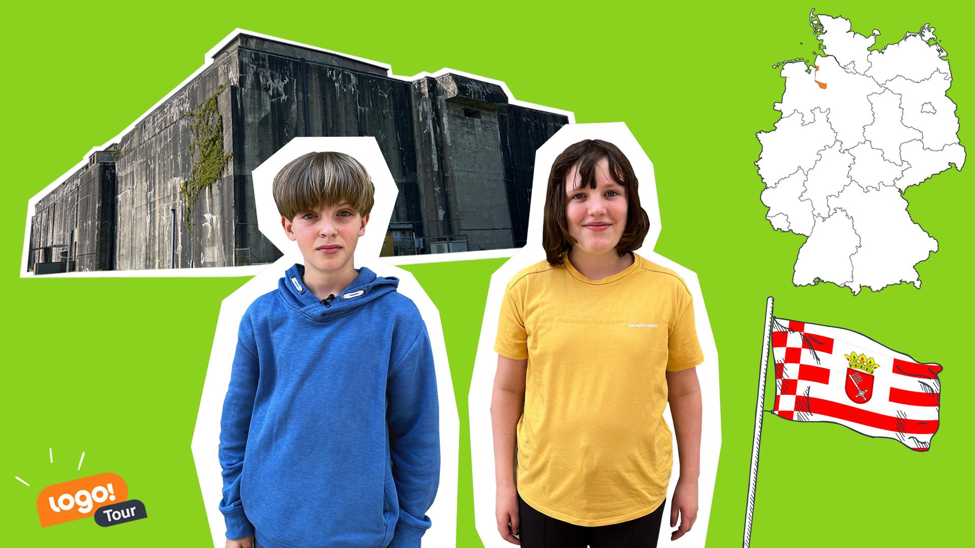 Ein Mädchen und ein Junge stehen neben einer Deutschlandkarte und der Flagge des Bundeslandes Bremen. Im Hintergrund ist ein Bunker zu sehen.