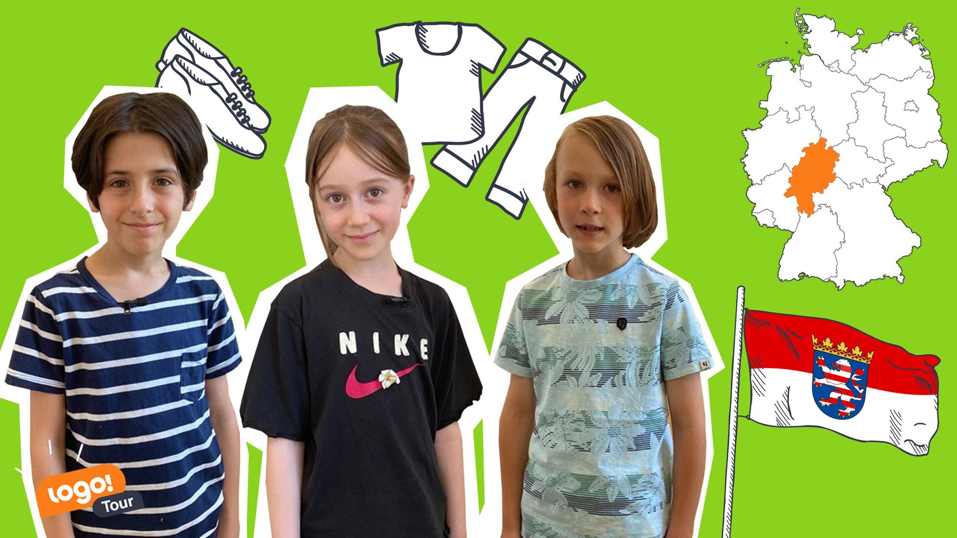 Ein Mädchen und zwei Jungs stehen vor Kleidungsstücken. Neben ihnen ist die Deutschlandkarte und die hessische Flagge.