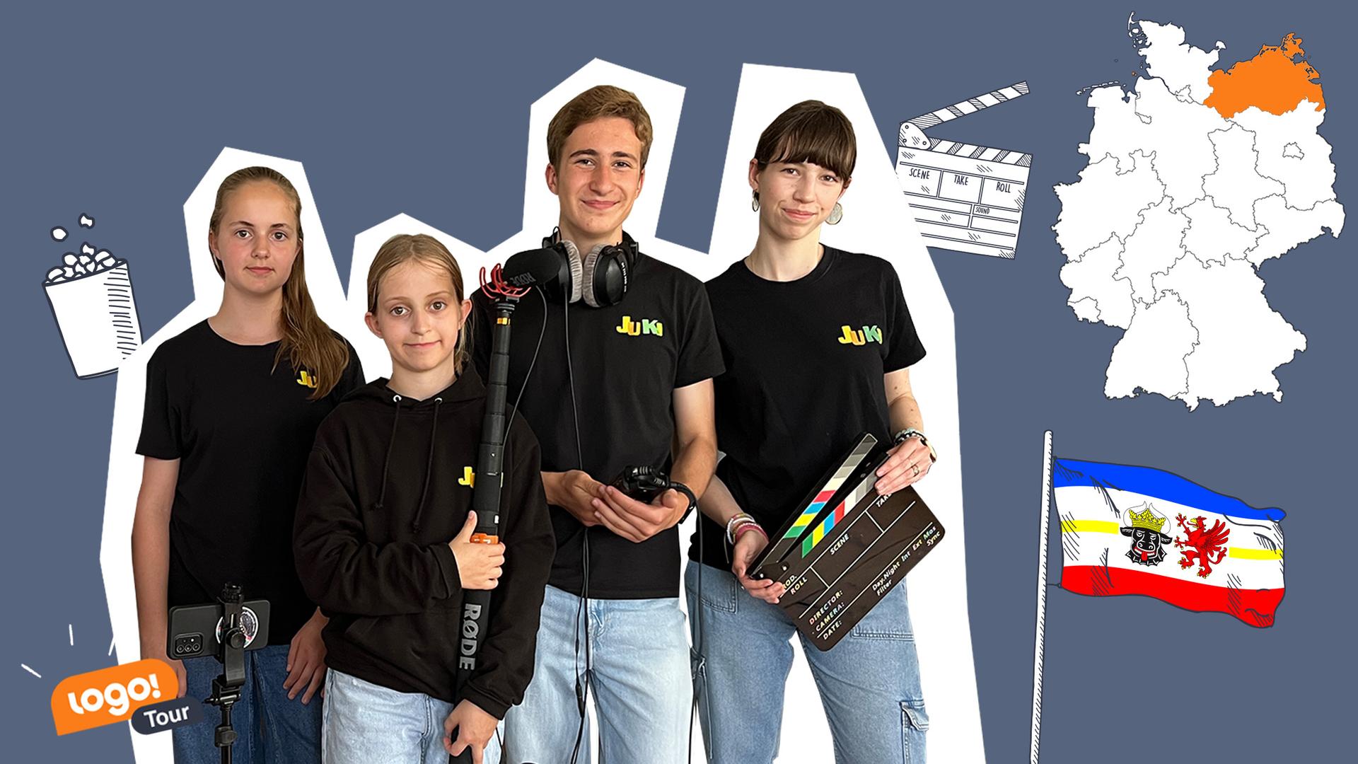 Vier Kinder mit Filmklappe und Videotechnik, Deutschlandkarte, Flagge Mecklenburg-Vorpommern