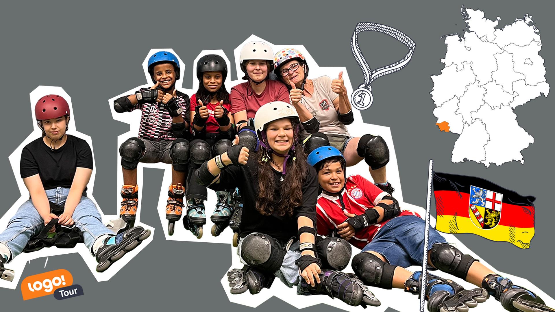 Viele Kinder sitzen mit Rollschuhen und Helmen neben der Deutschlandkarte und der saarländischen Flagge.