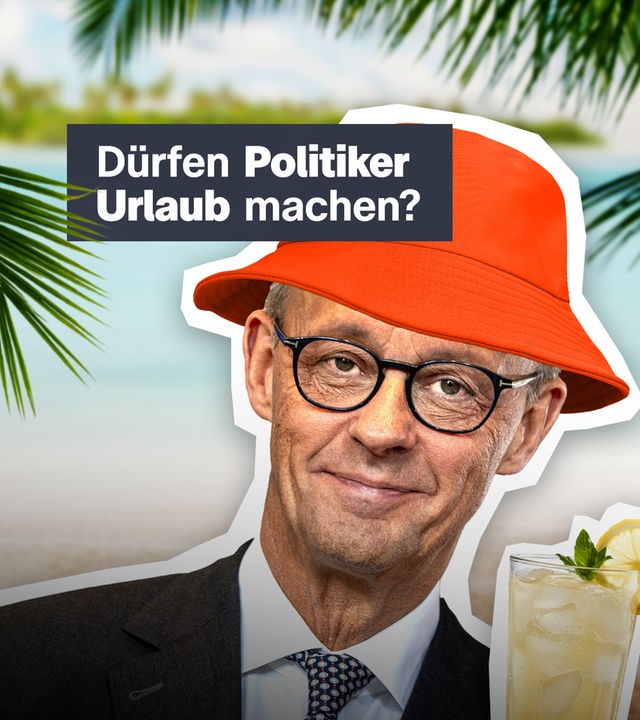 Ein Foto von Friedrich Merz vor einem Hintergrund mit Meer und Palmen. Ihm wurde durch Bildbearbeitung ein roter Hut aufgesetzt, neben ihm ein Cocktail. Links der Schriftzug: "Dürfen Politiker Urlaub machen?"