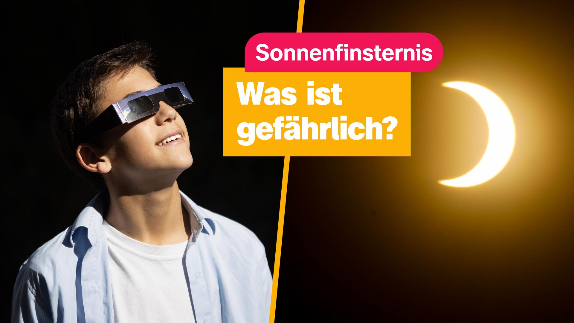 Split Screen: Ein Junge mit Schutzbrille schaut auf eine Sonnenfinsternis