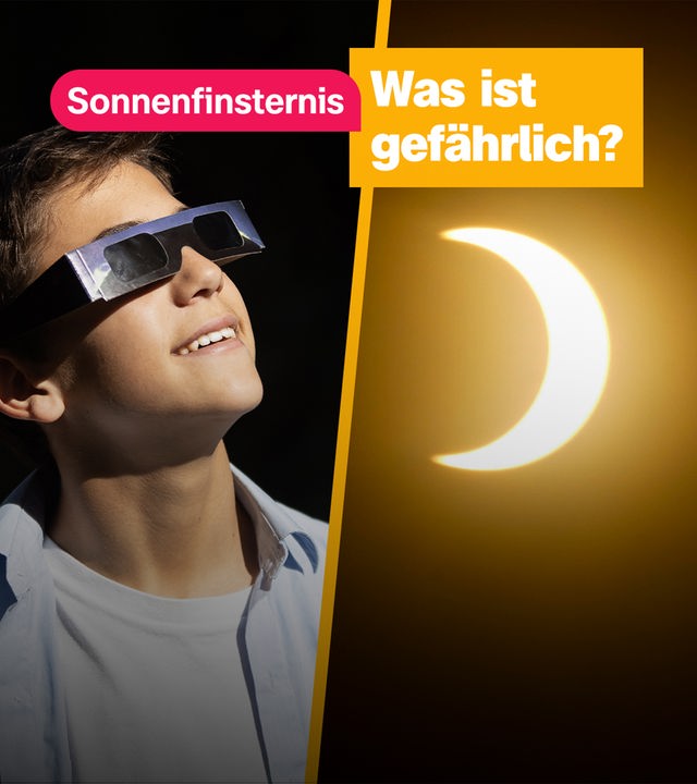 Split Screen: Ein Junge mit Schutzbrille schaut auf eine Sonnenfinsternis